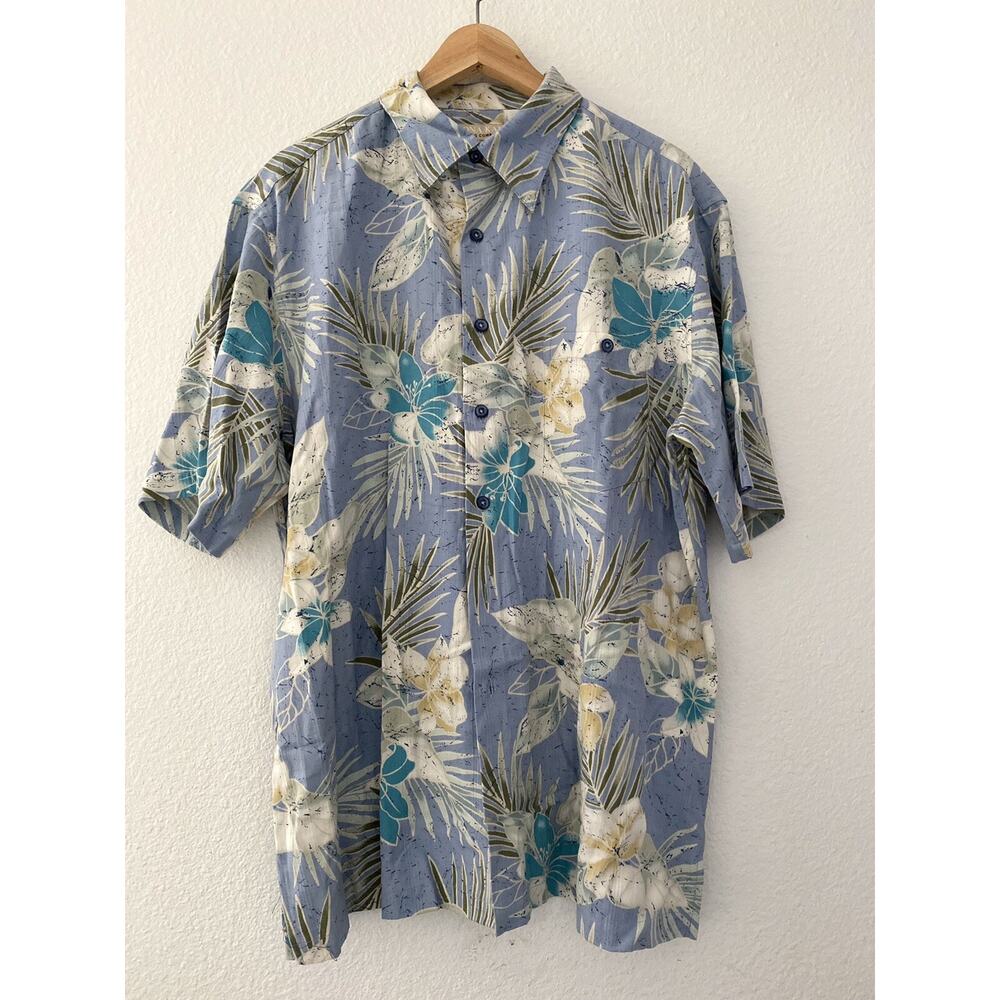 Kona Kai Mens Hawaiian Silk Blend Floral Shirt Blue Short Sleeve Aloha Sz L